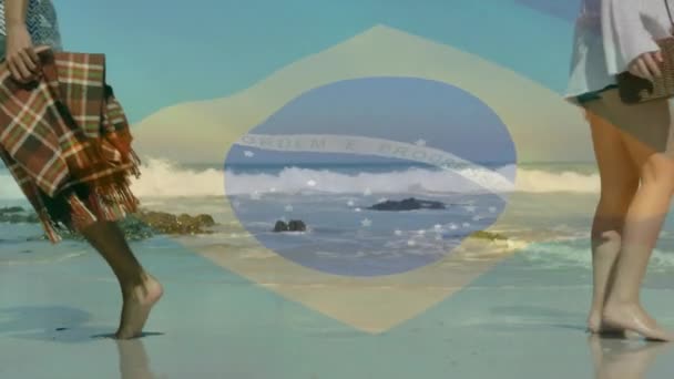 Animación Bandera Brasil Sobre Diversos Amigos Playa Patriotismo Estilo Vida — Vídeos de Stock