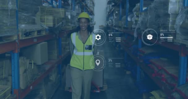 Animation Digital Data Processing Biracial Woman Working Warehouse Global Shipping — Stock Video