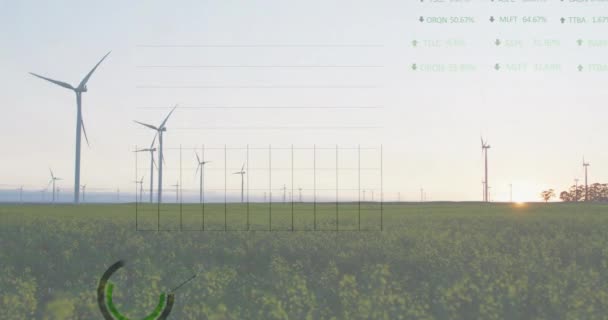 在风力涡轮机上进行财务数据处理的动画 全球风能 计算和数据处理概念 — 图库视频影像