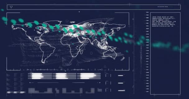 暗い背景で処理するワールドマップとデジタルデータのアニメーション グローバル接続 コンピューティング データ処理コンセプトデジタル生成ビデオ — ストック動画