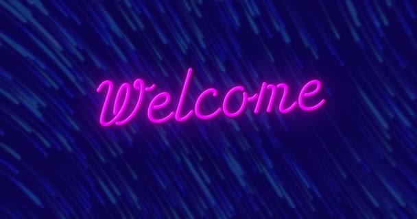 Animation Welcome Neon Text Light Trails Dark Background Παγκόσμια Μέσα — Αρχείο Βίντεο