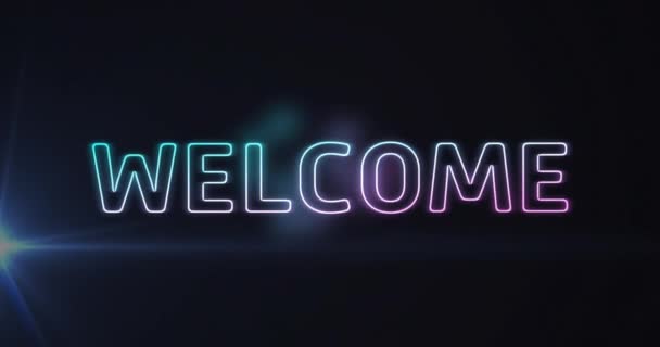 Hoş Geldin Neon Metninin Karanlık Arka Plandaki Işık Izlerinin Üzerinde — Stok video