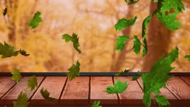 Animação Folhas Outono Caindo Sobre Árvores Superfície Madeira Conceito Outono — Vídeo de Stock