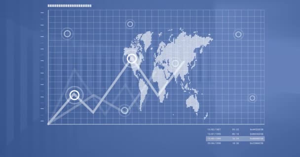 Animação Estatísticas Processamento Dados Digitais Sobre Mapa Mundo Fundo Azul — Vídeo de Stock