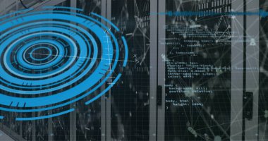 Sunucu odasında veri işleme resmi. küresel iş ve dijital arayüz kavramı dijital olarak oluşturulmuş görüntü.