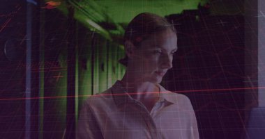 Kafkas kadın sunucu oda çalışanının veri işleme görüntüsü. Bulut hesaplama konsepti dijital olarak oluşturulmuş resim.