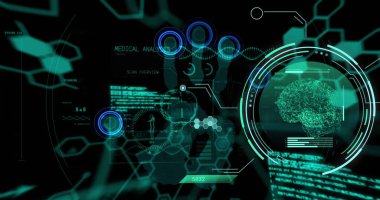 Veri işleme görüntüsü ve siyah arka planda el izi olan beyin. Küresel bilim ve dijital arayüz kavramı dijital olarak oluşturulmuş görüntü.