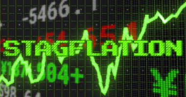Grafik ve finansal veri işleme üzerinden yeşille yazılmış durgunluk metni resmi. Küresel iş ekonomisi, durgunluk, enflasyon ve dijital iletişim konsepti dijital olarak oluşturuldu.