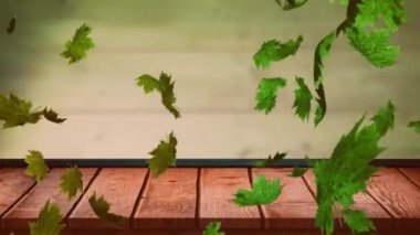 Ahşap yüzeye düşen sonbahar yapraklarının ve yeşil arka planın animasyonu. Sonbahar, sonbahar ve doğa konsepti dijital olarak oluşturulmuş video.