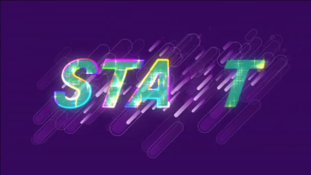 紫色の背景に光る光のトレイルの上の輝くスタートテキストのアニメーション — ストック動画