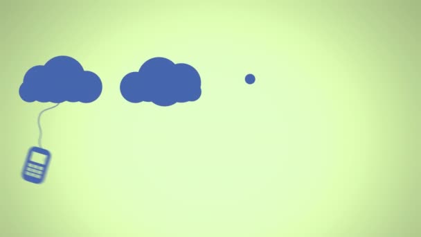 Animacja Niebieskich Chmur Ikon Urządzeń Elektronicznych Zielonym Tle Globalny Biznes — Wideo stockowe
