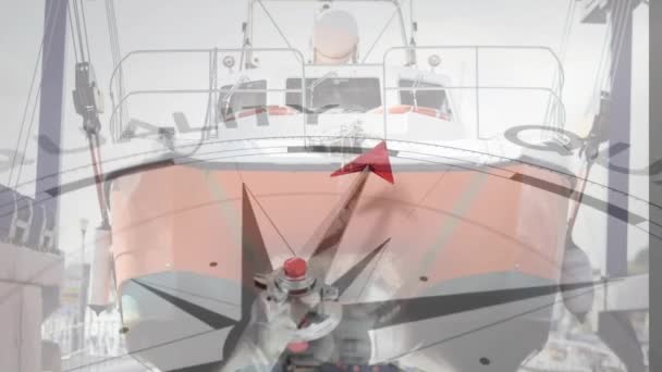 Animație Busolă Săgeată Care Indică Textul Calitate Peste Barcă Doc — Videoclip de stoc