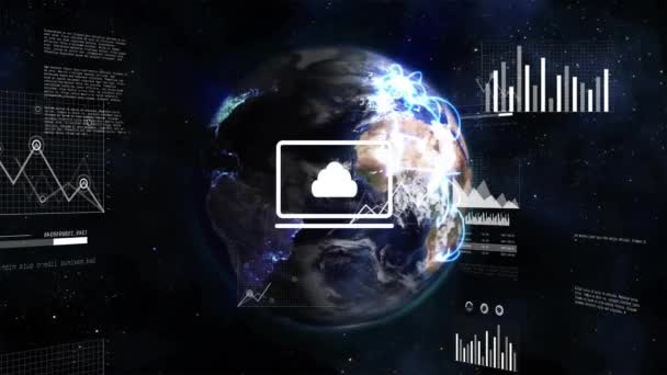Animacja Ikon Mediów Wykresów Przetwarzających Dane Całym Świecie Świecącą Niebieską — Wideo stockowe