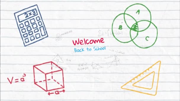 Animacja Tekstu Powrotem Szkoły Nad Ikonami Przedmiotów Szkolnych Równaniami Matematycznymi — Wideo stockowe
