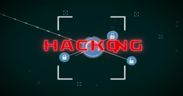 Animatie Van Hacken Tekst Netwerk Van Verbindingen Met Pictogrammen Gegevensverwerking — Stockvideo