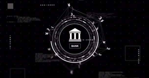 Animation Des Banksymbols Netzwerk Mit Datenverarbeitung Und Währung Auf Schwarzem — Stockvideo