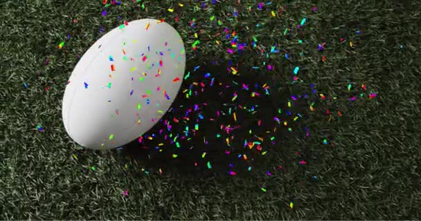 Beyaz Ragbi Topunun Üzerinde Konfeti Animasyonu Rugby Spor Yarışma Kutlama — Stok video