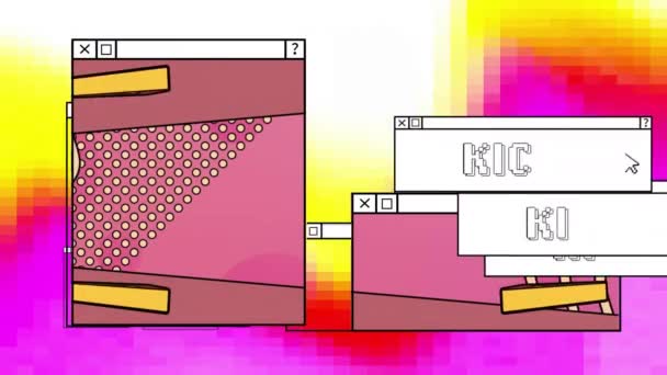 ネオンパターンの背景にキックテキストとコンピュータスクリーンのアニメーション グローバルソーシャルメディア デジタルインターフェース コミュニケーション コンピューティング データ処理コンセプト — ストック動画