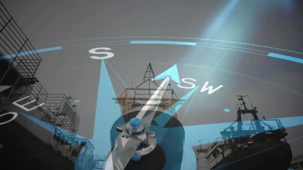 Animación Brújula Con Flecha Apuntando Texto Viaje Sobre Barcos Puerto — Vídeos de Stock
