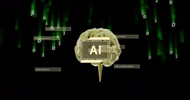 Animazione Testi Cervello Elaborazione Dati Sfondo Nero Intelligenza Artificiale Globale — Video Stock