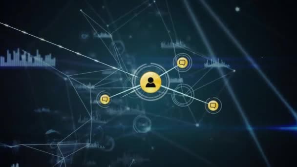 Animacja Sieci Połączeń Ikonami Nad Przetwarzaniem Danych Koncepcja Globalnego Biznesu — Wideo stockowe