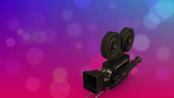 Animation Der Filmkamera Über Hellen Flecken Auf Violettem Hintergrund Filme — Stockvideo