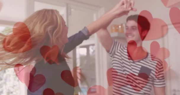 Animación Corazones Sobre Feliz Pareja Diversa Bailando Casa Amor Relación — Vídeos de Stock