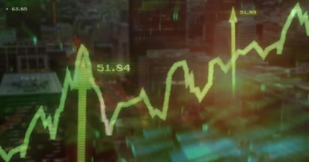 Animatie Van Financiële Gegevensverwerking Pijlen Het Stadsgezicht Global Business Financiën — Stockvideo