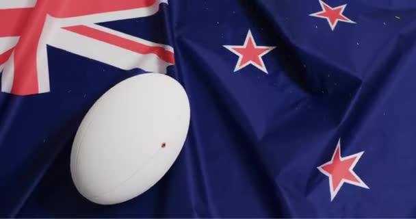 Animación Confeti Sobre Pelota Rugby Blanca Bandera Nueva Zelanda Rugby — Vídeo de stock