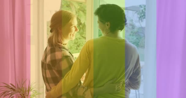 집에서 코카서스 레즈비언 커플에 자부심 무지개 줄무늬의 애니메이션 Lgbtq 레즈비언 — 비디오