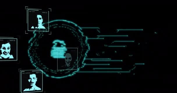 Animação Cadeado Fotos Biométricas Processamento Dados Digitais Sobre Fundo Escuro — Vídeo de Stock
