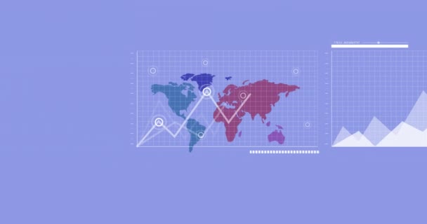 Pénzügyi Adatok Feldolgozásának Animációja Világtérképen Kék Térképen Globális Pénzügyek Számítástechnika — Stock videók