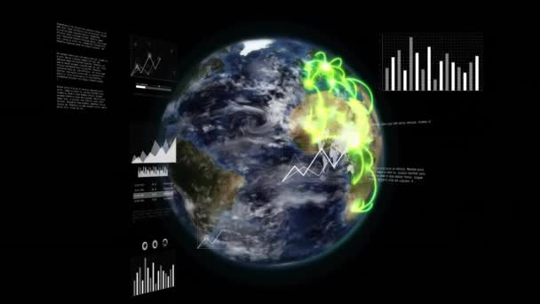 Animation Der Digitalen Datenverarbeitung Über Den Globus Auf Schwarzem Hintergrund — Stockvideo