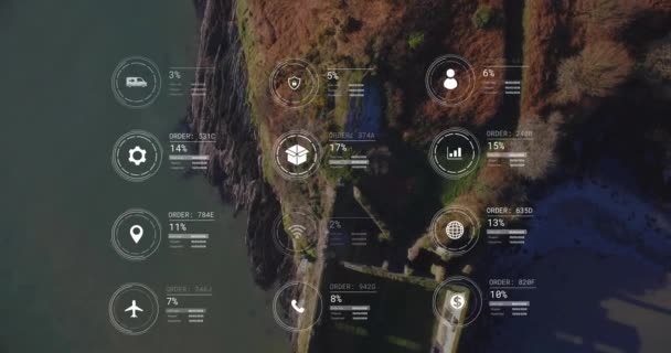 Animazione Della Rete Icone Elaborazione Dei Dati Paesaggio Connessioni Globali — Video Stock