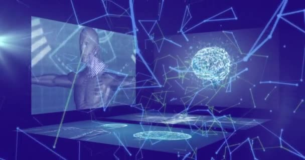 人間の脳のアニメーション 世界中のアイコンやデジタルデータ処理とのつながり グローバルサイエンス コネクション コンピューティング データ処理コンセプトデジタル生成ビデオ — ストック動画