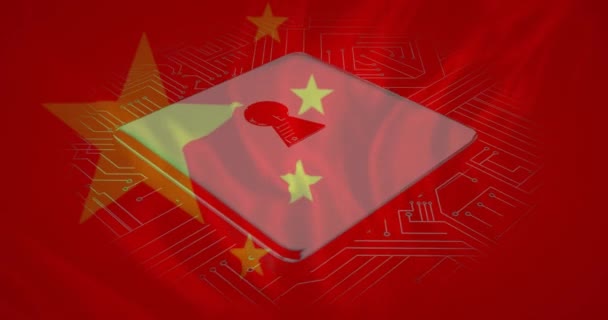 Анимирование Значка Замка Сети Материнской Платы Над Флагом Китая Китайцы — стоковое видео