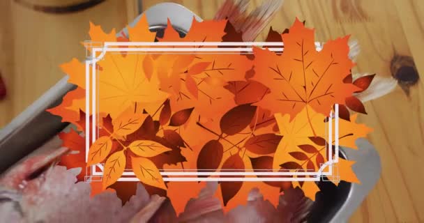 Animation Eines Rahmens Mit Fallenden Blättern Über Fischen Natur Essen — Stockvideo