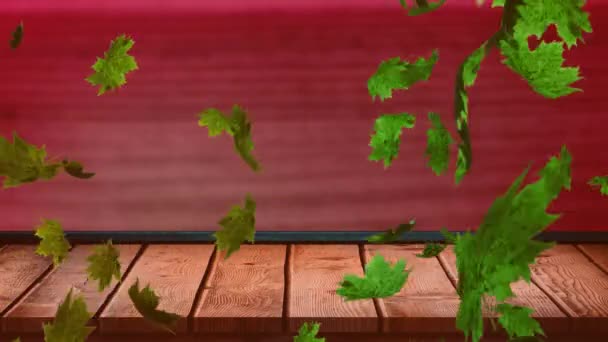 Animation Von Herbstblättern Die Über Die Holzoberfläche Und Den Roten — Stockvideo