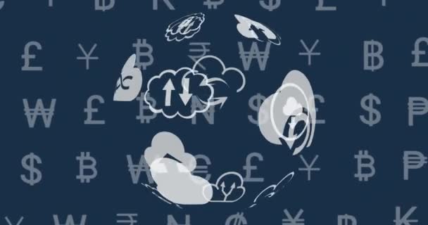Animation Von Währungssymbolen Und Globus Mit Wolken Auf Dunklem Hintergrund — Stockvideo