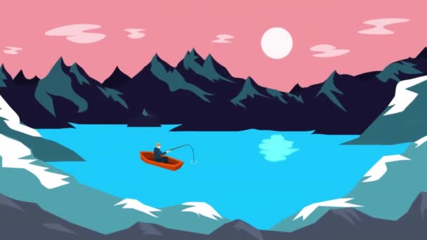 Animación Del Hombre Pescando Barco Sobre Montañas Concepto Naturaleza Paisaje — Vídeos de Stock