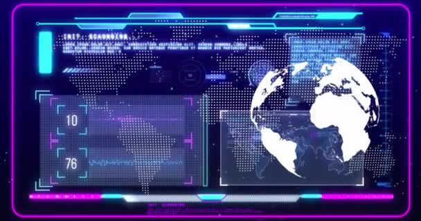 Анімація Глобусу Обробка Даних Над Екранами Темному Фоні Глобальна Наука — стокове відео