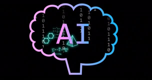 Animação Texto Cérebro Processamento Dados Sobre Fundo Preto Inteligência Artificial — Vídeo de Stock