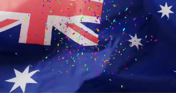 オーストラリアの国旗の上の菓子のアニメーション ラグビー スポーツ コンテスト お祝いのコンセプトデジタル生成ビデオ — ストック動画