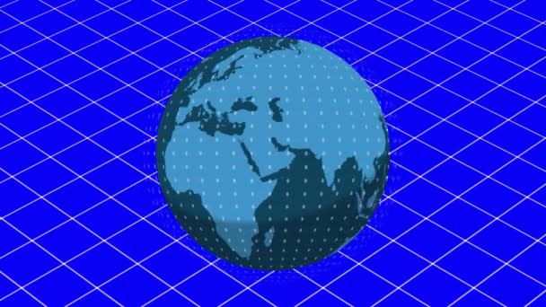 Κινούμενα Σχέδια Του Πλανήτη Επεξεργασία Δεδομένων Πάνω Από Πλέγμα Μπλε — Αρχείο Βίντεο