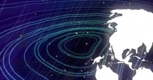 Animacja Globu Przetwarzaniem Danych Liniach Ścieżek Świetlnych Czarnym Tle Globalna — Wideo stockowe