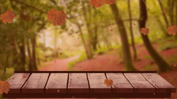 Animatie Van Herfstbladeren Vallen Bomen Houten Oppervlak Herfst Herfst Natuur — Stockvideo