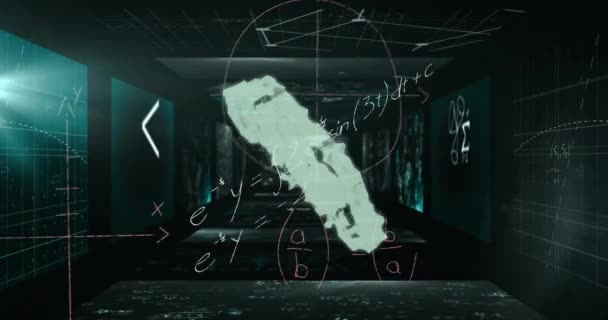 黒い背景に数学の方程式とシンボルを越えたコグを用いた雲のアニメーション グローバルサイエンス コンピューティング デジタルインターフェースのコンセプトデジタル生成ビデオ — ストック動画