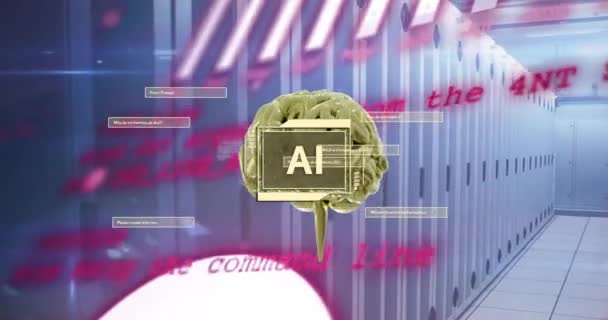 Animación Texto Cerebro Procesamiento Datos Través Servidores Informáticos Inteligencia Artificial — Vídeo de stock