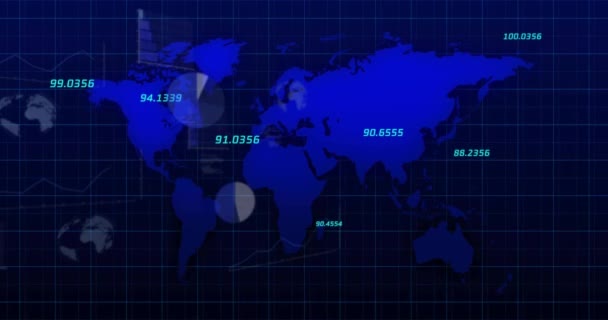 Animering Finansiella Data Bearbetning Över Världskartan Mörk Bakgrund Globala Finans — Stockvideo