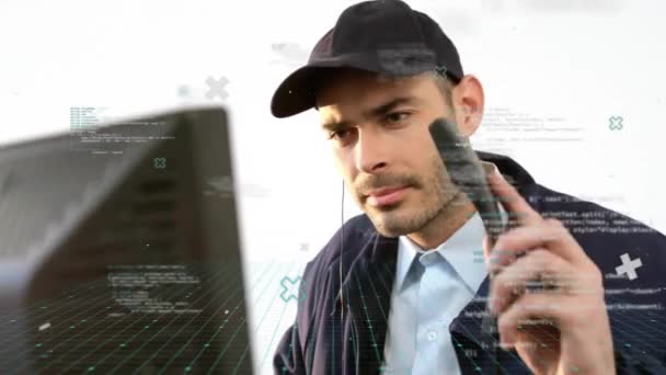 Animation Data Processing Caucasian Security Man Using Phone Monitor Global — Stock Video